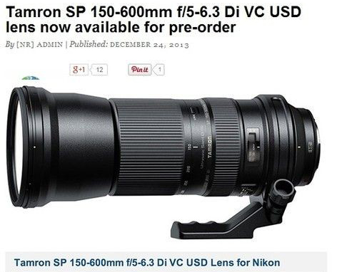 腾龙 SP 150-600mm f/5-6.3 Di VC USD 防抖镜头开卖
