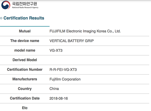 富士专为新款 X-T3 无反设计的 VG-XT3 竖排电池手柄在韩注册！